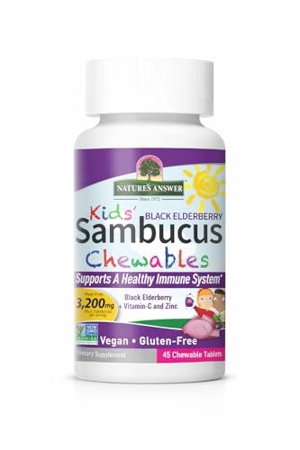 Nature's Answer Kids Sambucus Kautabletten 3200 mg, 45 Tabletten - Schwarzer Holunder mit Vitamin C und Zink - Immunsystem-Unterstützung - Vegan, Glutenfrei