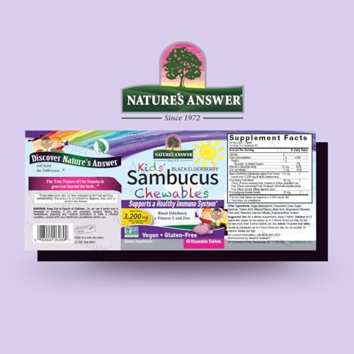 Nature's Answer Kids Sambucus Kautabletten 3200 mg, 45 Tabletten - Schwarzer Holunder mit Vitamin C und Zink - Immunsystem-Unterstützung - Vegan, Glutenfrei