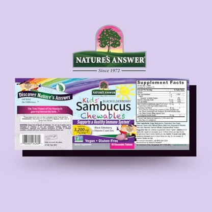 Nature's Answer Kids Sambucus Kautabletten 3200 mg, 45 Tabletten - Schwarzer Holunder mit Vitamin C und Zink - Immunsystem-Unterstützung - Vegan, Glutenfrei