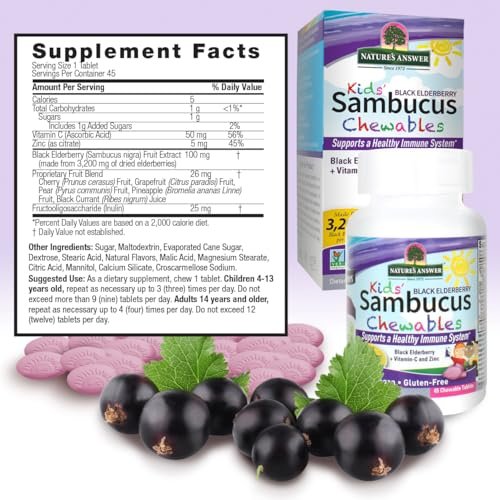 Nature's Answer Kids Sambucus Kautabletten 3200 mg, 45 Tabletten - Schwarzer Holunder mit Vitamin C und Zink - Immunsystem-Unterstützung - Vegan, Glutenfrei