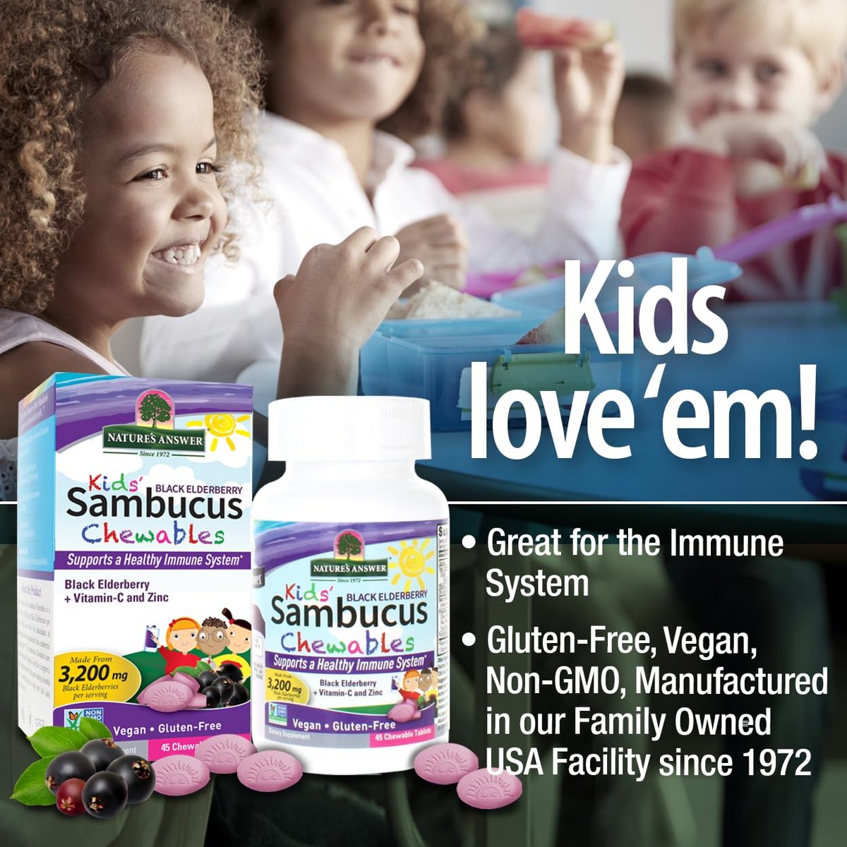 Nature's Answer Kids Sambucus Kautabletten 3200 mg, 45 Tabletten - Schwarzer Holunder mit Vitamin C und Zink - Immunsystem-Unterstützung - Vegan, Glutenfrei
