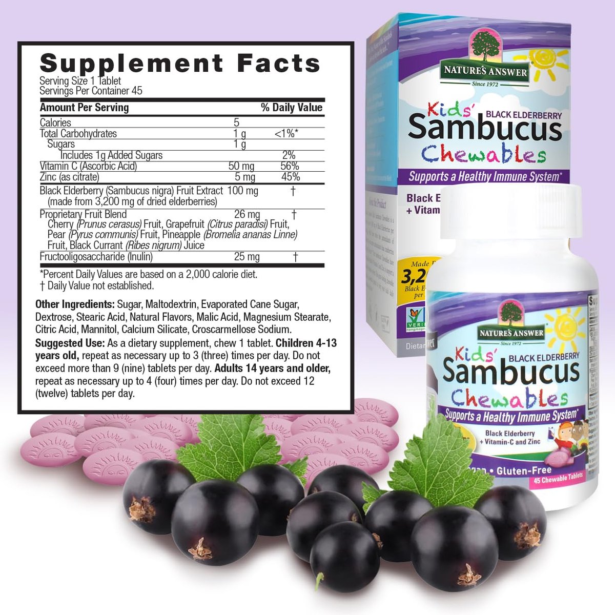 Nature's Answer Kids Sambucus Kautabletten 3200 mg, 45 Tabletten - Schwarzer Holunder mit Vitamin C und Zink - Immunsystem-Unterstützung - Vegan, Glutenfrei