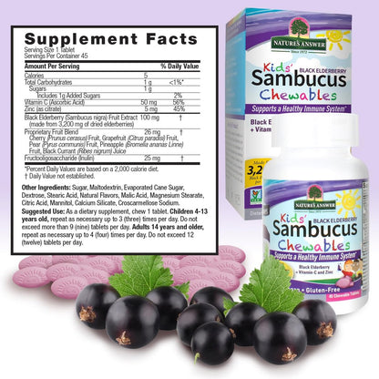 Nature's Answer Kids Sambucus Kautabletten 3200 mg, 45 Tabletten - Schwarzer Holunder mit Vitamin C und Zink - Immunsystem-Unterstützung - Vegan, Glutenfrei