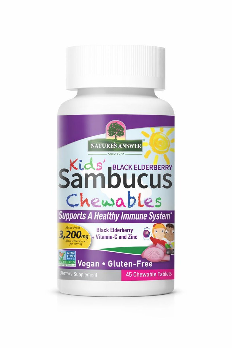 Nature's Answer Kids Sambucus Kautabletten 3200 mg, 45 Tabletten - Schwarzer Holunder mit Vitamin C und Zink - Immunsystem-Unterstützung - Vegan, Glutenfrei
