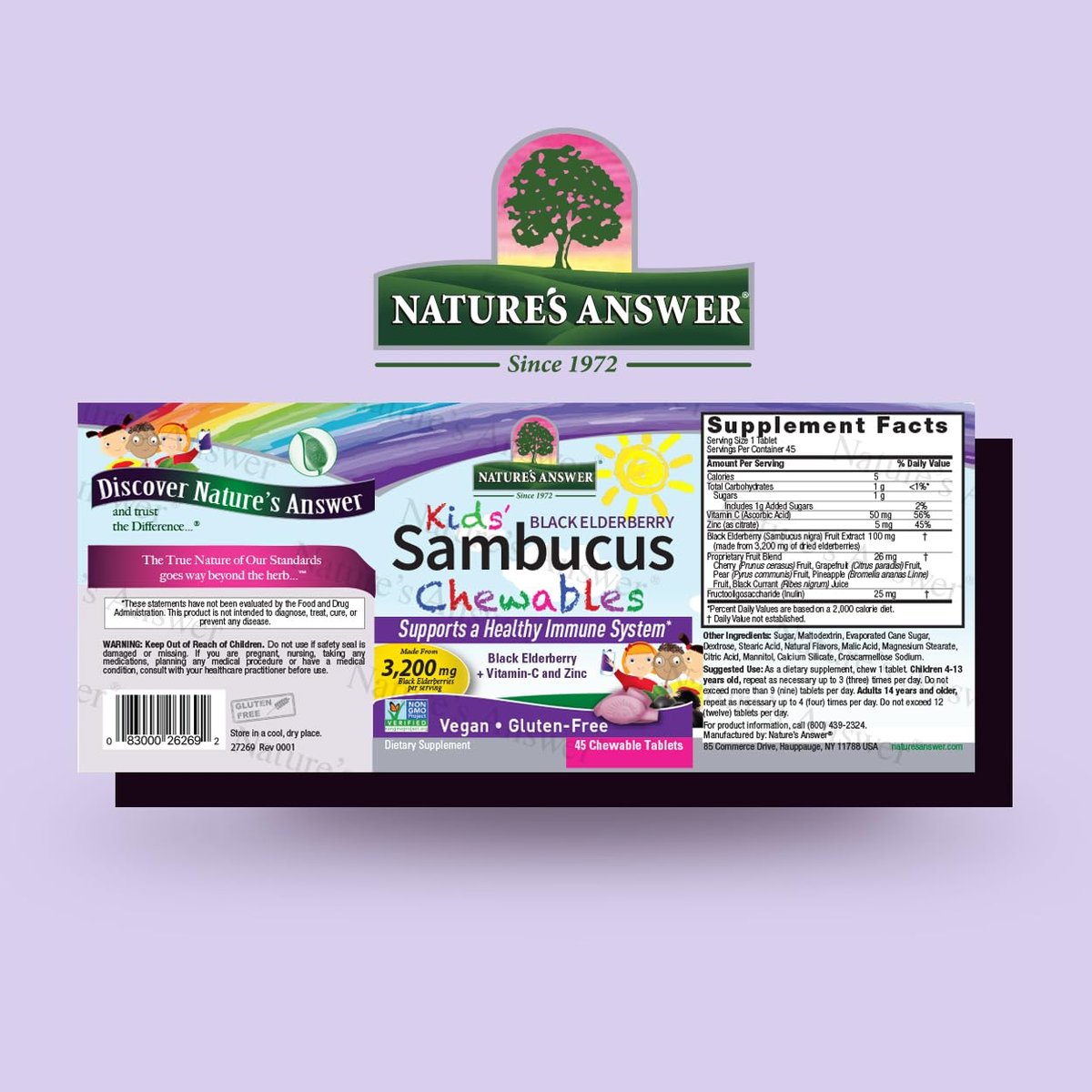 Nature's Answer Kids Sambucus Kautabletten 3200 mg, 45 Tabletten - Schwarzer Holunder mit Vitamin C und Zink - Immunsystem-Unterstützung - Vegan, Glutenfrei