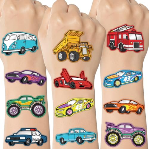 xo, Fetti Autos & LKW temporäre Tattoos für Kinder – 42 Folien-Tattoos | Geburtstagsparty-Zubehör, Rennwagen-Partygeschenke + Baustellendekoration