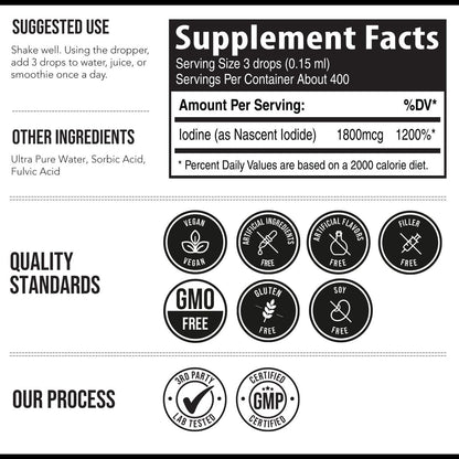 Nascent Iod Supplement 400 Portionen, Glasflasche, Vegan, 1800 mcg - 600 mcg pro Tropfen, Rein & Farblos, Unterstützt Schilddrüsenfunktion, Energie, Immunsystem & Stoffwechsel (60 ml)
