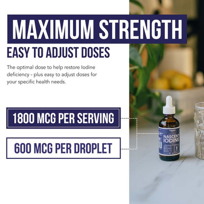 Nascent Iod Supplement 400 Portionen, Glasflasche, Vegan, 1800 mcg - 600 mcg pro Tropfen, Rein & Farblos, Unterstützt Schilddrüsenfunktion, Energie, Immunsystem & Stoffwechsel (60 ml)