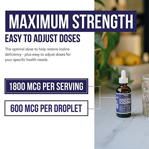 Nascent Iod Supplement 400 Portionen, Glasflasche, Vegan, 1800 mcg - 600 mcg pro Tropfen, Rein & Farblos, Unterstützt Schilddrüsenfunktion, Energie, Immunsystem & Stoffwechsel (60 ml)