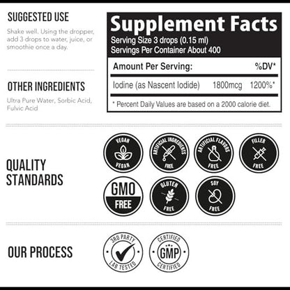 Nascent Iod Supplement 400 Portionen, Glasflasche, Vegan, 1800 mcg - 600 mcg pro Tropfen, Rein & Farblos, Unterstützt Schilddrüsenfunktion, Energie, Immunsystem & Stoffwechsel (60 ml)