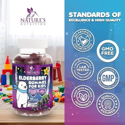 Nature's Nutrition Kinder Immunstärkung Holunder Gummibärchen - Tägliche Vitamine C, Zink & Unterstützung für Kinder - Vegan, Glutenfrei, leckerer Beerengeschmack - 60 Gummibärchen