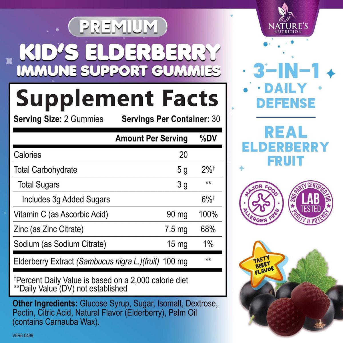 Nature's Nutrition Kinder Immunstärkung Holunder Gummibärchen - Tägliche Vitamine C, Zink & Unterstützung für Kinder - Vegan, Glutenfrei, leckerer Beerengeschmack - 60 Gummibärchen