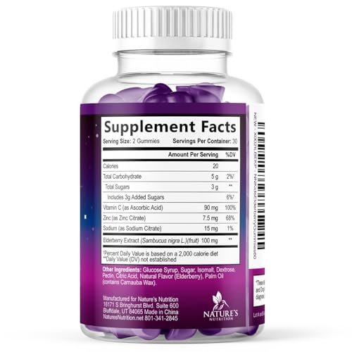 Kinder Immunstärkung Holunder Gummibärchen - Tägliche Vitamine C, Zink & Immununterstützung Gummy - Nature's Sambucus Holunder Ergänzung, Vegan, Glutenfrei, Leckerer Beerengeschmack - 120 Gummibärchen
