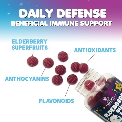 Nature's Nutrition Kinder Immunstärkung Holunder Gummibärchen - Tägliche Vitamine C, Zink & Unterstützung für Kinder - Vegan, Glutenfrei, leckerer Beerengeschmack - 60 Gummibärchen