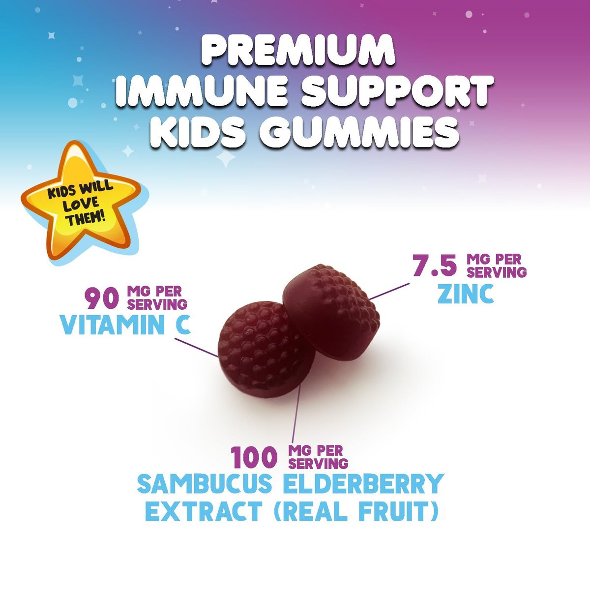Nature's Nutrition Kinder Immunstärkung Holunder Gummibärchen - Tägliche Vitamine C, Zink & Unterstützung für Kinder - Vegan, Glutenfrei, leckerer Beerengeschmack - 60 Gummibärchen