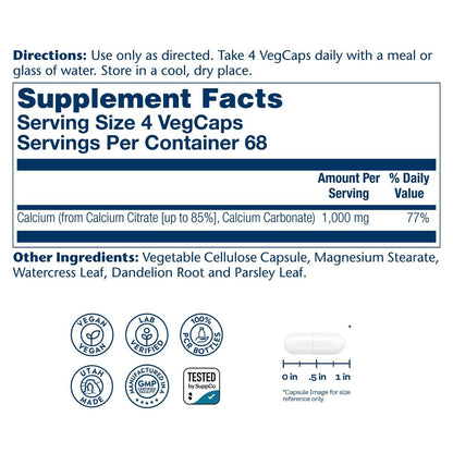 Solaray Calcium Citrat 1000 mg – Chelat-Calcium-Ergänzung für starke Knochen und gesunde Zähne – Leicht verdaulich – 60-Tage-Garantie, vegan – 68 Portionen, 275 VegKaps