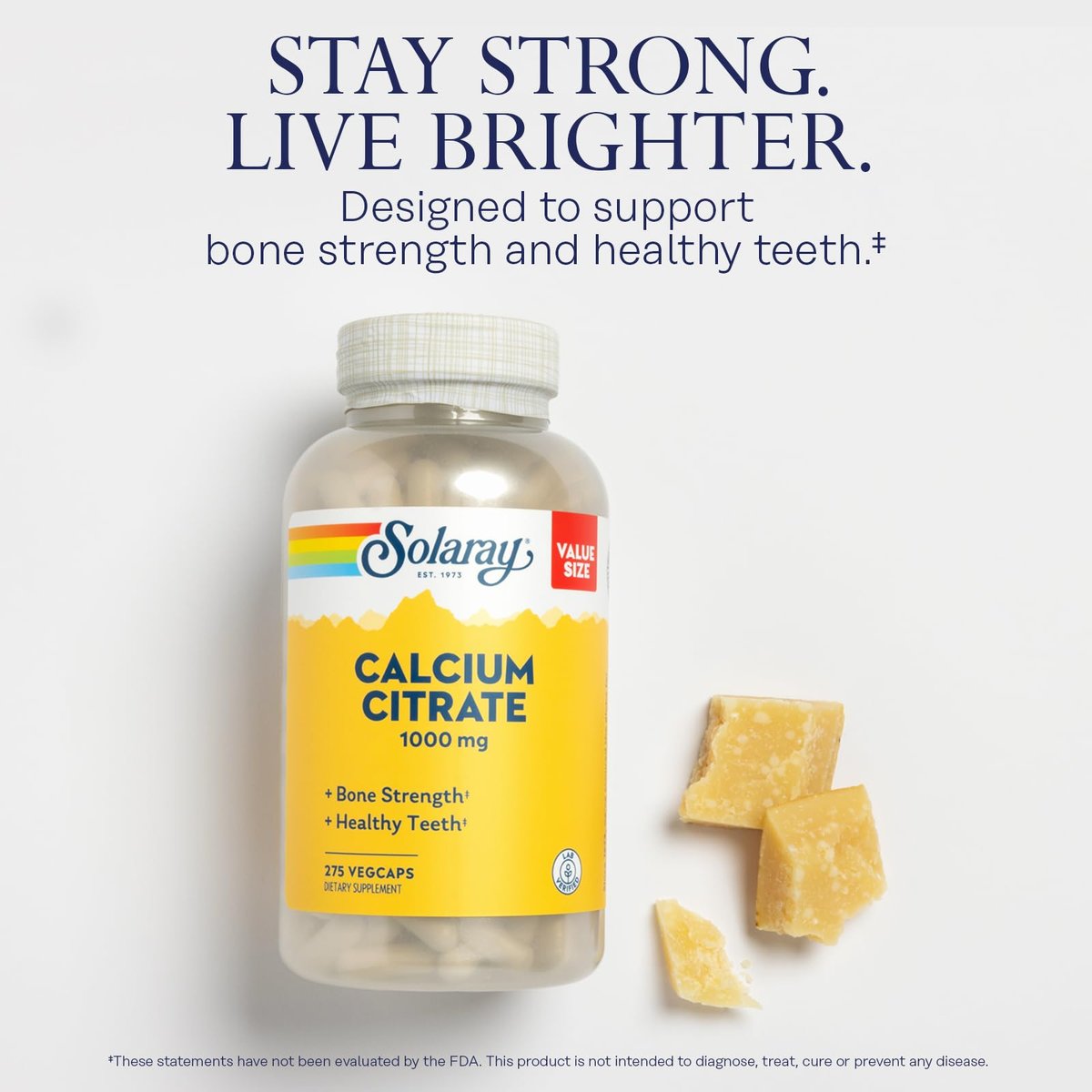 Solaray Calcium Citrat 1000 mg – Chelat-Calcium-Ergänzung für starke Knochen und gesunde Zähne – Leicht verdaulich – 60-Tage-Garantie, vegan – 68 Portionen, 275 VegKaps