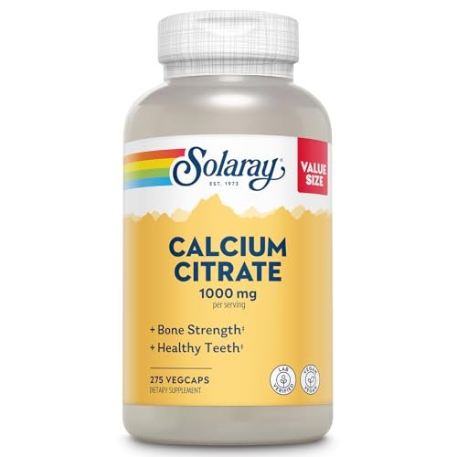 Solaray Calcium Citrat 1000 mg – Chelat-Calcium-Ergänzung für starke Knochen und gesunde Zähne – Leicht verdaulich – 60-Tage-Garantie, vegan – 68 Portionen, 275 VegKaps