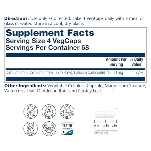 Solaray Calcium Citrat 1000 mg – Chelat-Calcium-Ergänzung für starke Knochen und gesunde Zähne – Leicht verdaulich – 60-Tage-Garantie, vegan – 68 Portionen, 275 VegKaps