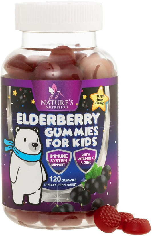 Kinder Immunstärkung Holunder Gummibärchen - Tägliche Vitamine C, Zink & Immununterstützung Gummy - Nature's Sambucus Holunder Ergänzung, Vegan, Glutenfrei, Leckerer Beerengeschmack - 120 Gummibärchen