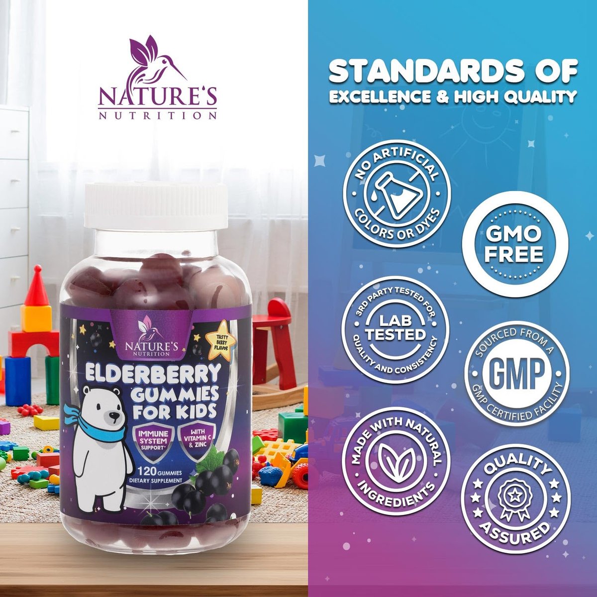 Kinder Immunstärkung Holunder Gummibärchen - Tägliche Vitamine C, Zink & Immununterstützung Gummy - Nature's Sambucus Holunder Ergänzung, Vegan, Glutenfrei, Leckerer Beerengeschmack - 120 Gummibärchen