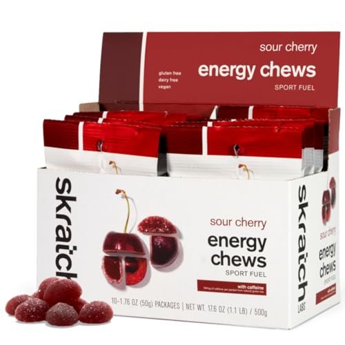 Skratch Labs Energy Chews mit 50 mg Koffein | Koffeinhaltige Gummibärchen für Laufen, Radfahren & Ausdauer | Schnelle Kohlenhydrate, leicht verdaulich | Sauerkirsche 10er Pack | Glutenfrei, Vegan