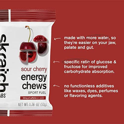 Skratch Labs Energy Chews mit 50 mg Koffein | Koffeinhaltige Gummibärchen für Laufen, Radfahren & Ausdauer | Schnelle Kohlenhydrate, leicht verdaulich | Sauerkirsche 10er Pack | Glutenfrei, Vegan