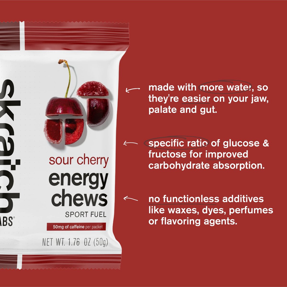 Skratch Labs Energy Chews mit 50 mg Koffein | Koffeinhaltige Gummibärchen für Laufen, Radfahren & Ausdauer | Schnelle Kohlenhydrate, leicht verdaulich | Sauerkirsche 10er Pack | Glutenfrei, Vegan