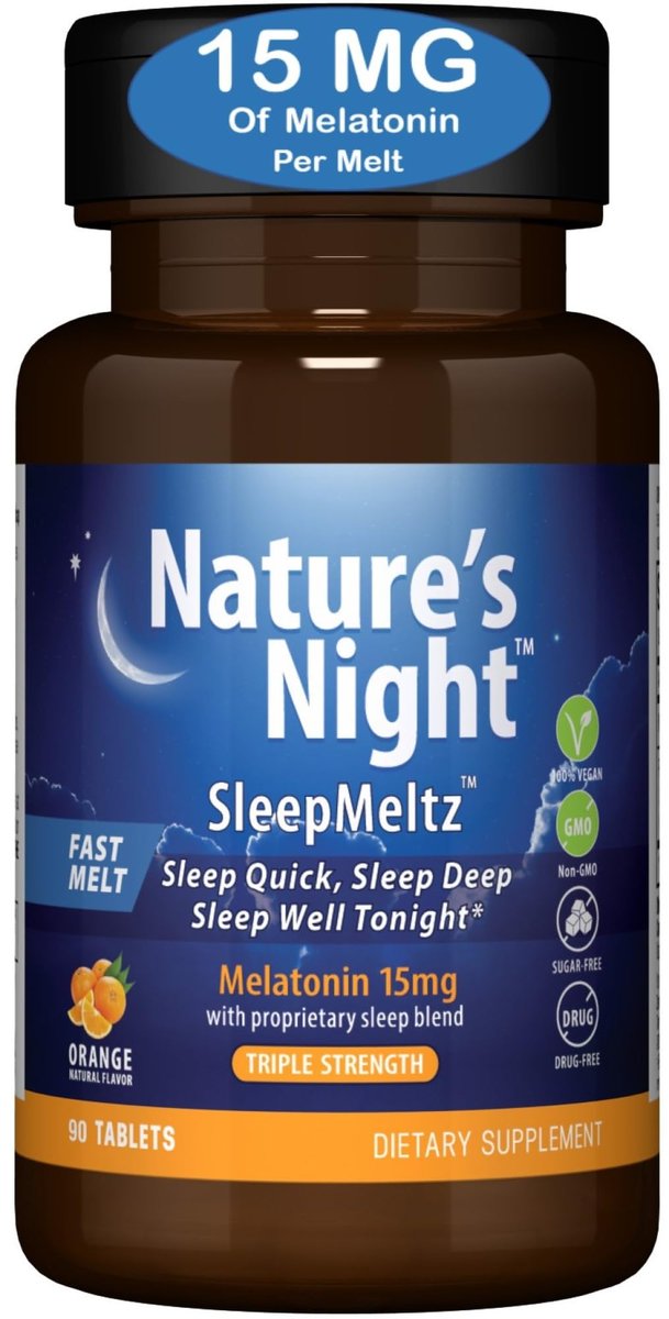 Nature's Night Triple Strength Melatonin 15 mg mit unterstützender Mischung – 90 Tabletten, natürlicher Orangen-Geschmack, zuckerfrei, vegan, nicht-GVO, drogenfrei