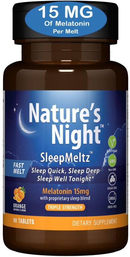 Nature's Night Triple Strength Melatonin 15 mg mit unterstützender Mischung – 90 Tabletten, natürlicher Orangen-Geschmack, zuckerfrei, vegan, nicht-GVO, drogenfrei