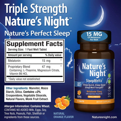 Nature's Night Triple Strength Melatonin 15 mg mit unterstützender Mischung – 90 Tabletten, natürlicher Orangen-Geschmack, zuckerfrei, vegan, nicht-GVO, drogenfrei