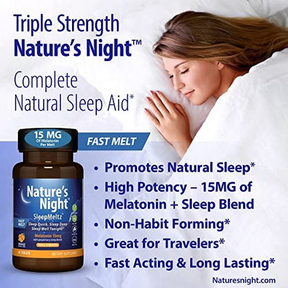 Nature's Night Triple Strength Melatonin 15 mg mit unterstützender Mischung – 90 Tabletten, natürlicher Orangen-Geschmack, zuckerfrei, vegan, nicht-GVO, drogenfrei