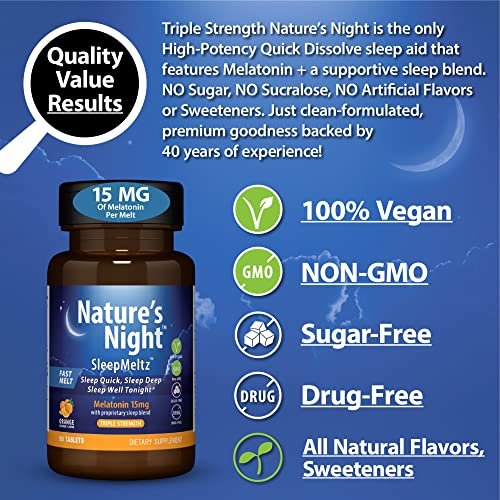 Nature's Night Triple Strength Melatonin 15 mg mit unterstützender Mischung – 90 Tabletten, natürlicher Orangen-Geschmack, zuckerfrei, vegan, nicht-GVO, drogenfrei