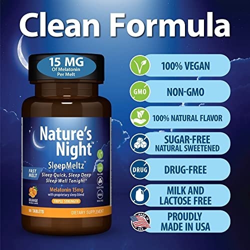 Nature's Night Triple Strength Melatonin 15 mg mit unterstützender Mischung – 90 Tabletten, natürlicher Orangen-Geschmack, zuckerfrei, vegan, nicht-GVO, drogenfrei
