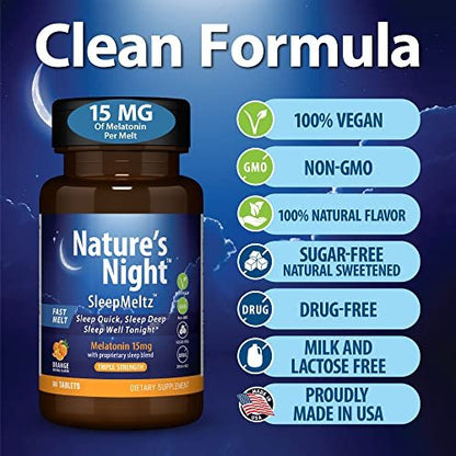 Nature's Night Triple Strength Melatonin 15 mg mit unterstützender Mischung – 90 Tabletten, natürlicher Orangen-Geschmack, zuckerfrei, vegan, nicht-GVO, drogenfrei