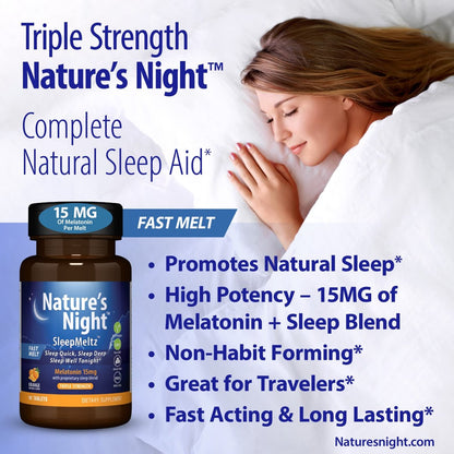 Nature's Night Triple Strength Melatonin 15 mg mit unterstützender Mischung – 90 Tabletten, natürlicher Orangen-Geschmack, zuckerfrei, vegan, nicht-GVO, drogenfrei