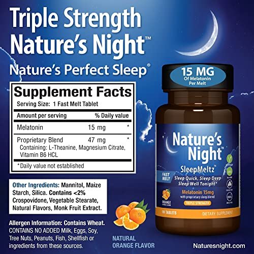Nature's Night Triple Strength Melatonin 15 mg mit unterstützender Mischung – 90 Tabletten, natürlicher Orangen-Geschmack, zuckerfrei, vegan, nicht-GVO, drogenfrei