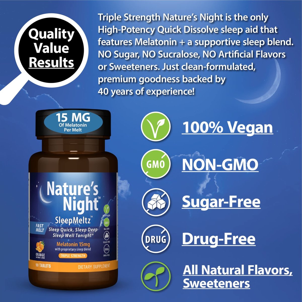 Nature's Night Triple Strength Melatonin 15 mg mit unterstützender Mischung – 90 Tabletten, natürlicher Orangen-Geschmack, zuckerfrei, vegan, nicht-GVO, drogenfrei