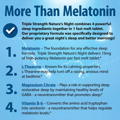 Nature's Night Triple Strength Melatonin 15 mg mit unterstützender Mischung – 90 Tabletten, natürlicher Orangen-Geschmack, zuckerfrei, vegan, nicht-GVO, drogenfrei