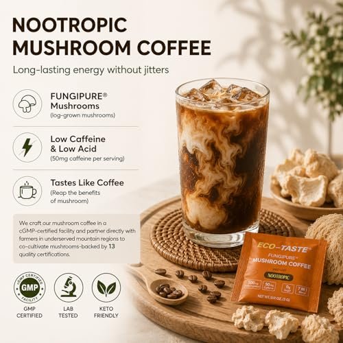 ECO-TASTE 7-in-1 Pilz-Kaffee-Mix mit Ginkgo, Löwenmähne, Alpha-GPC, Bacopa, PS und L-Theanin – 12 Portionsbeutel