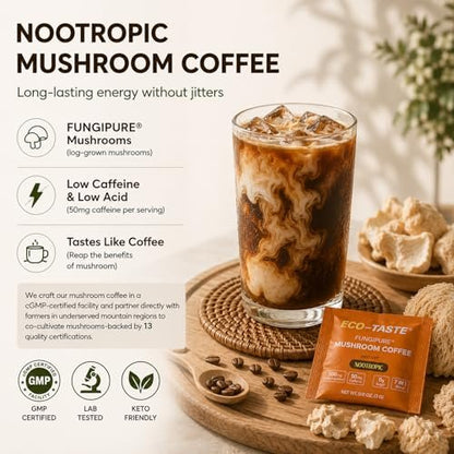 ECO-TASTE 7-in-1 Pilz-Kaffee-Mix mit Ginkgo, Löwenmähne, Alpha-GPC, Bacopa, PS und L-Theanin – 12 Portionsbeutel