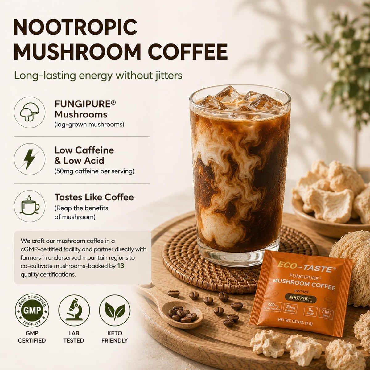 ECO-TASTE 7-in-1 Pilz-Kaffee-Mix mit Ginkgo, Löwenmähne, Alpha-GPC, Bacopa, PS und L-Theanin – 12 Portionsbeutel