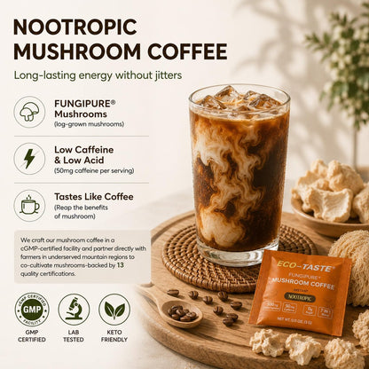 ECO-TASTE 7-in-1 Pilz-Kaffee-Mix mit Ginkgo, Löwenmähne, Alpha-GPC, Bacopa, PS und L-Theanin – 12 Portionsbeutel