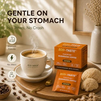 ECO-TASTE 7-in-1 Pilz-Kaffee-Mix mit Ginkgo, Löwenmähne, Alpha-GPC, Bacopa, PS und L-Theanin – 12 Portionsbeutel