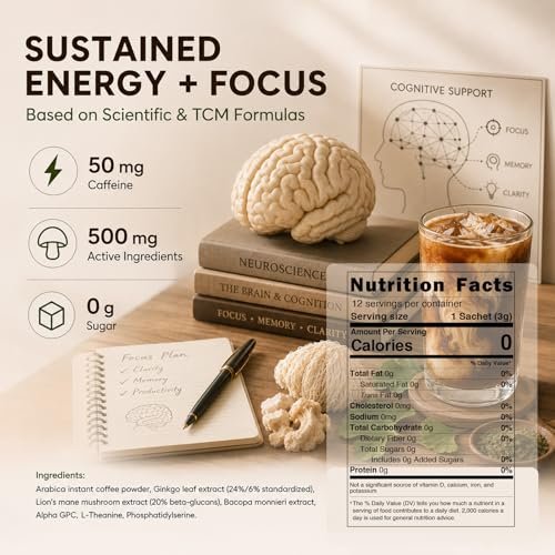 ECO-TASTE 7-in-1 Pilz-Kaffee-Mix mit Ginkgo, Löwenmähne, Alpha-GPC, Bacopa, PS und L-Theanin – 12 Portionsbeutel