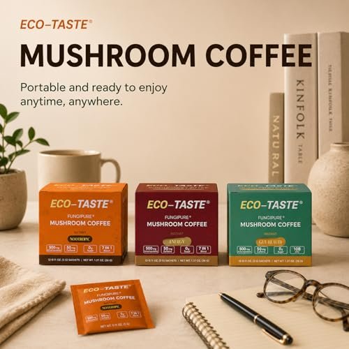 ECO-TASTE 7-in-1 Pilz-Kaffee-Mix mit Ginkgo, Löwenmähne, Alpha-GPC, Bacopa, PS und L-Theanin – 12 Portionsbeutel