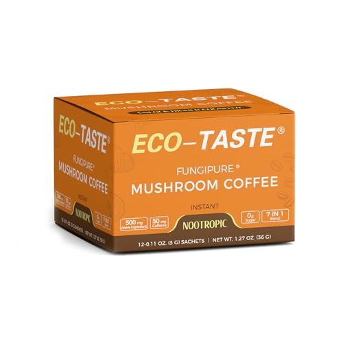 ECO-TASTE 7-in-1 Pilz-Kaffee-Mix mit Ginkgo, Löwenmähne, Alpha-GPC, Bacopa, PS und L-Theanin – 12 Portionsbeutel