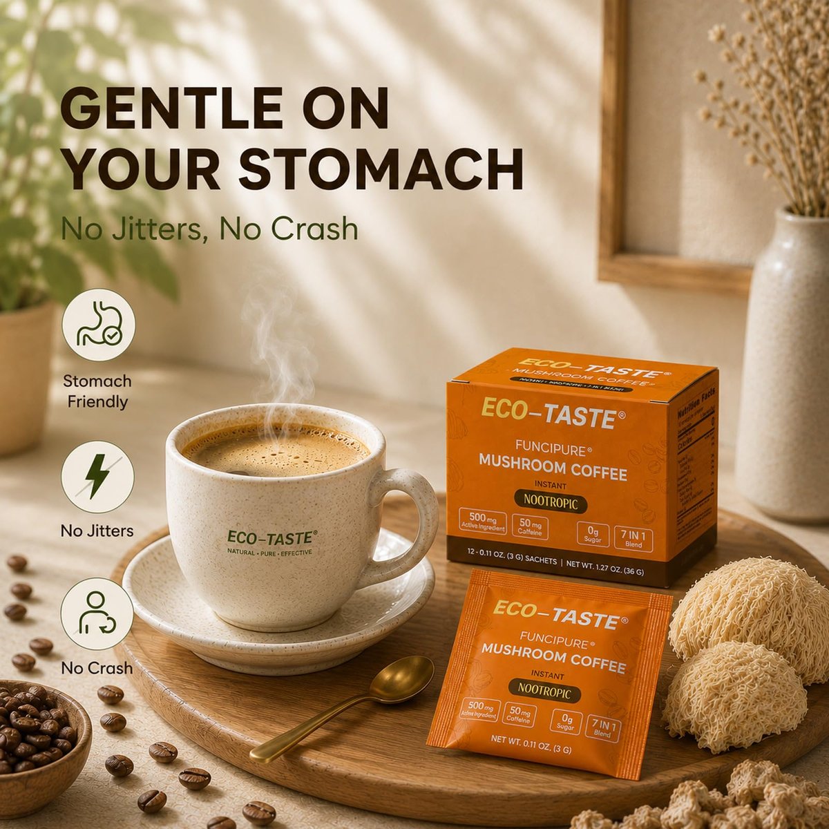 ECO-TASTE 7-in-1 Pilz-Kaffee-Mix mit Ginkgo, Löwenmähne, Alpha-GPC, Bacopa, PS und L-Theanin – 12 Portionsbeutel