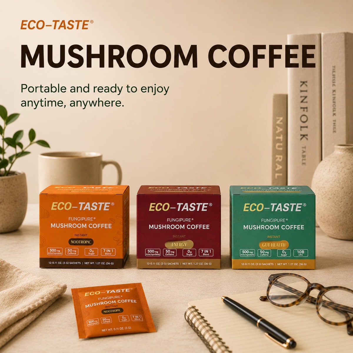 ECO-TASTE 7-in-1 Pilz-Kaffee-Mix mit Ginkgo, Löwenmähne, Alpha-GPC, Bacopa, PS und L-Theanin – 12 Portionsbeutel