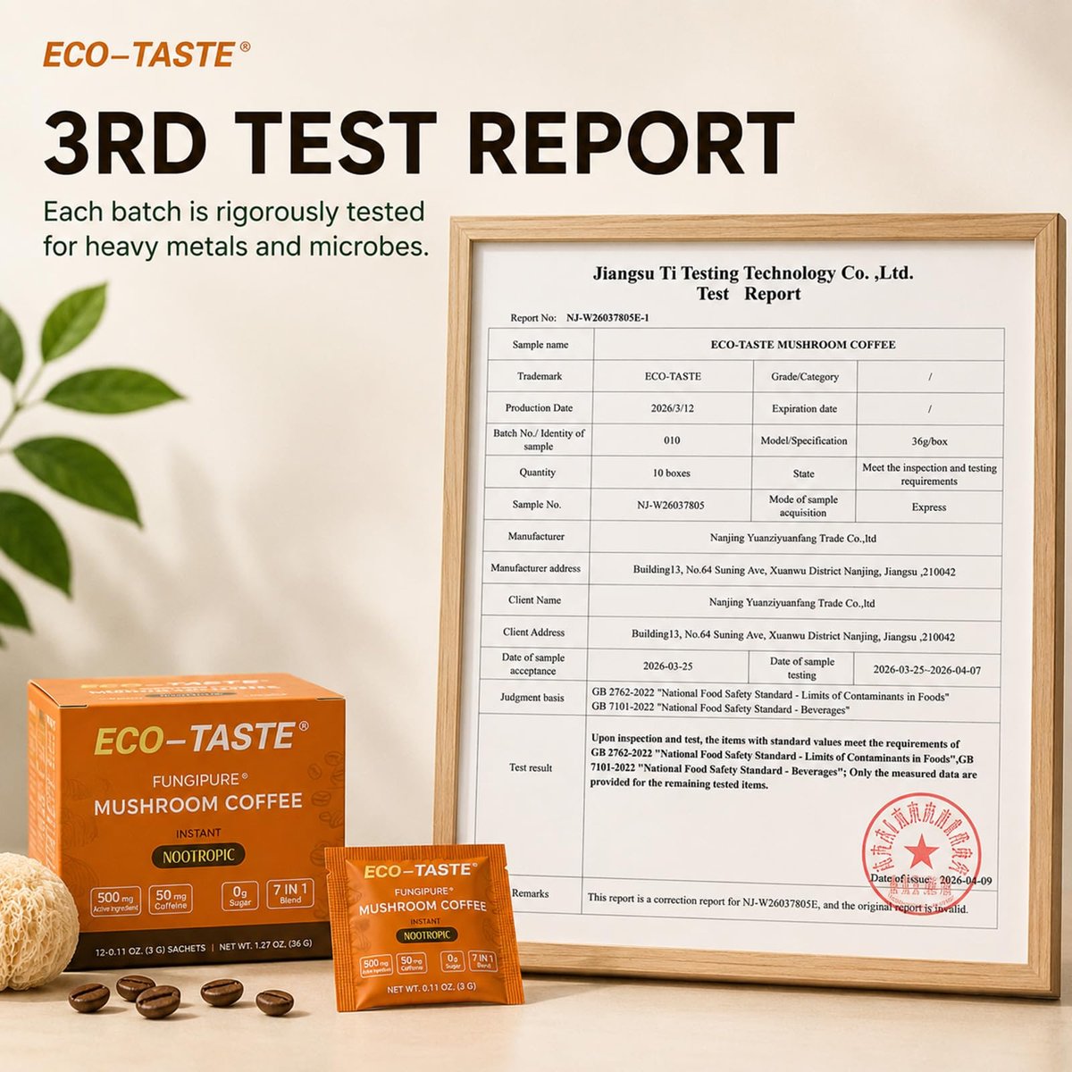 ECO-TASTE 7-in-1 Pilz-Kaffee-Mix mit Ginkgo, Löwenmähne, Alpha-GPC, Bacopa, PS und L-Theanin – 12 Portionsbeutel